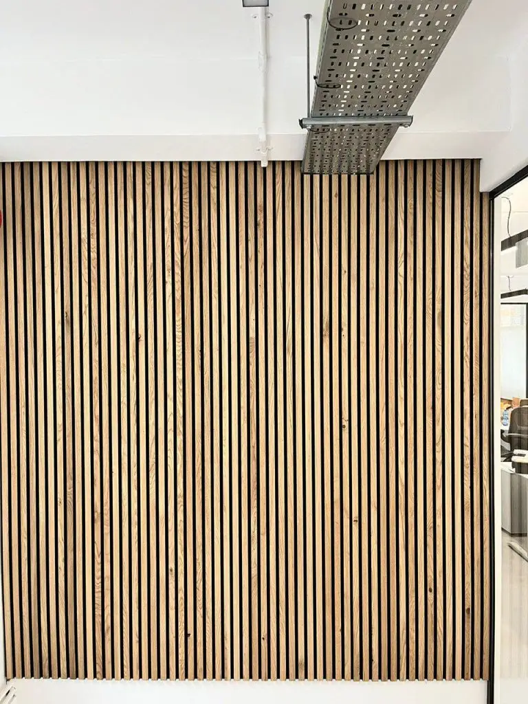 Photo of modern slatted acoustic wall paneling in an office