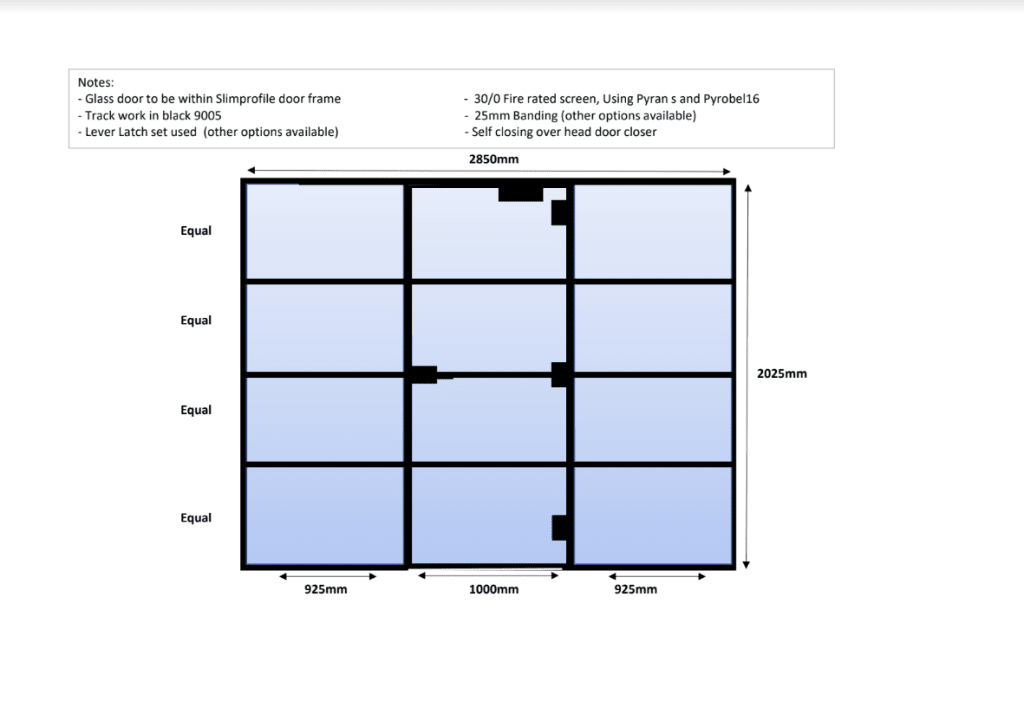 technical drawing of fire rated glass partition with glass door