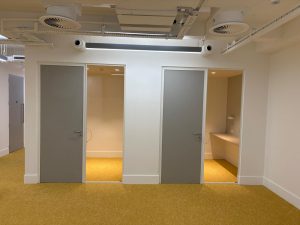 Two paint grade doors and glass partitions