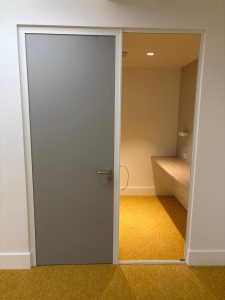 A close image of a paint grade door and 12mm toughened acoustic glass partition