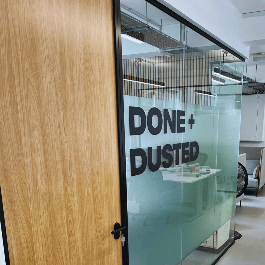 Doors and Ironmongety office door and glass partition wall with manifestation
