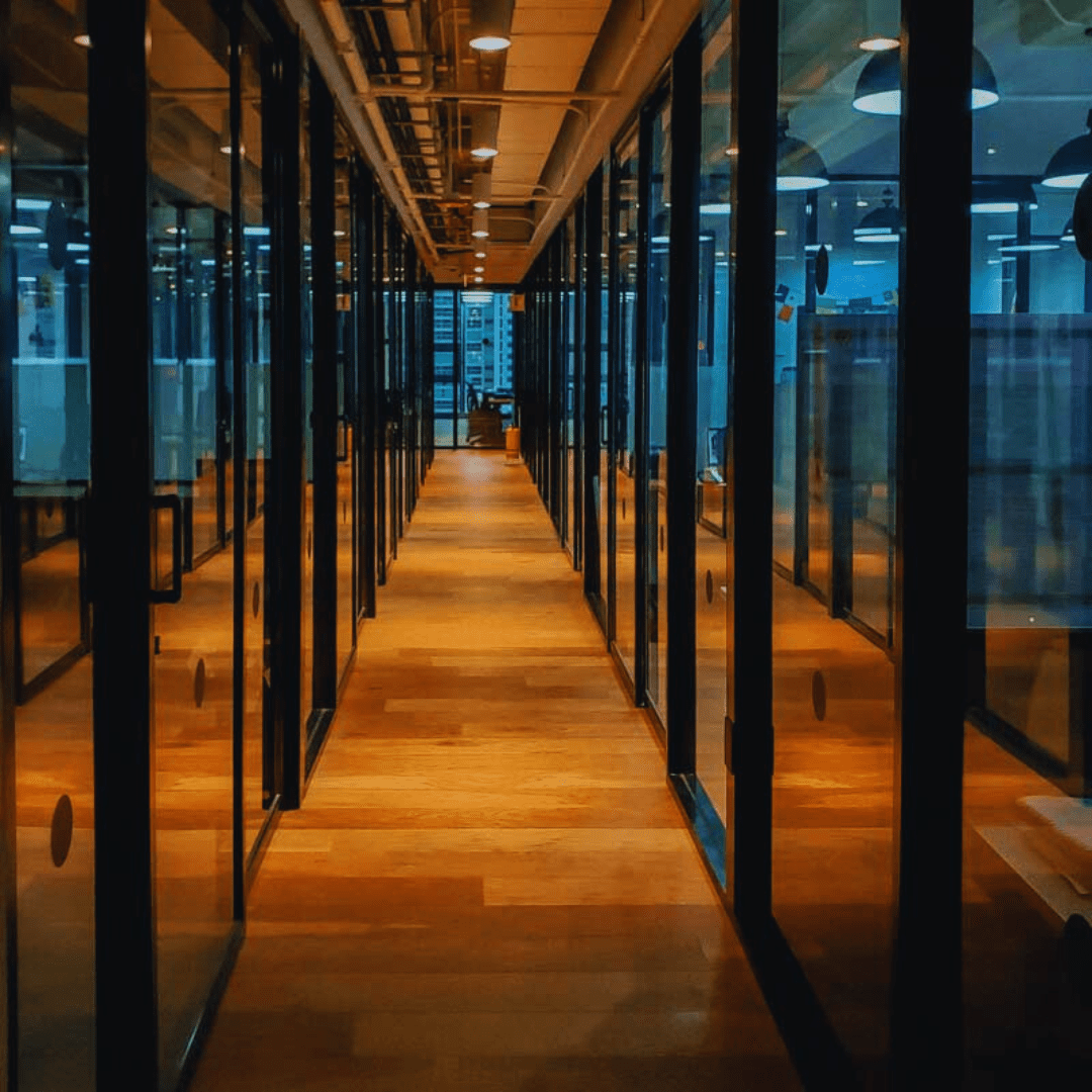Glass Partitioning glass partition wall in an office.